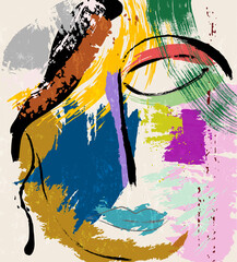 abstract colorful background, illustration with lines, waves, circles, paint strokes and splashes, face or mask