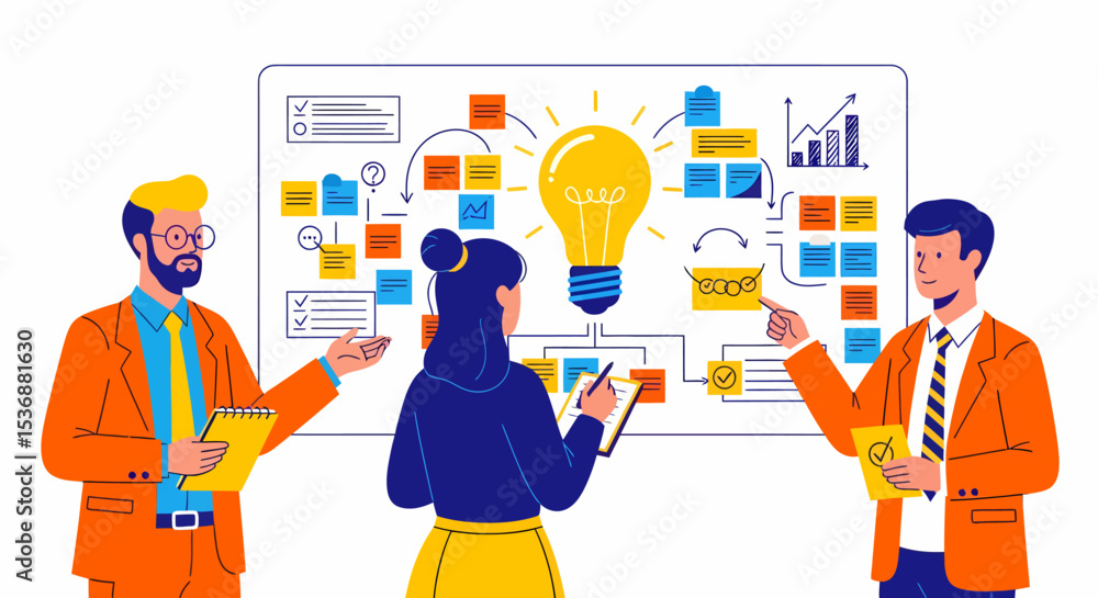 Aufkleber business brainstorming session with idea development and project planning
