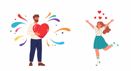 Man Giving Heart to Happy Woman Valentine's Day Concept Illustration