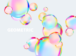 Light iridescent bubbles. Colorful glass balls on white background. 3D vector geometric shapes.