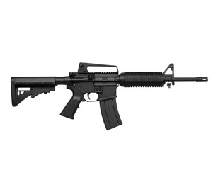 Black assault rifle side view isolated on white, modern tactical firearm.