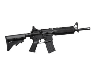 Modern black assault rifle isolated on white, tactical combat weapon