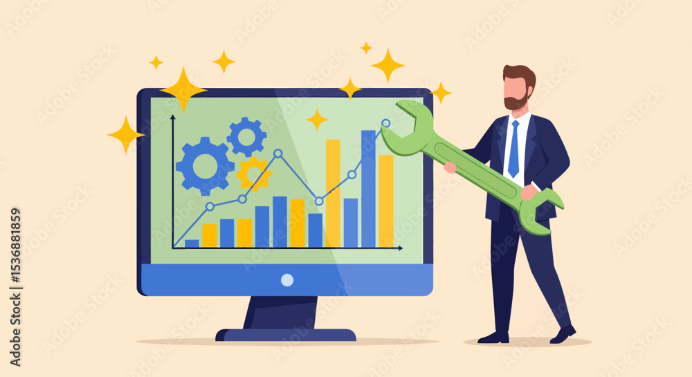 Poster man fixing business chart on computer screen with wrench