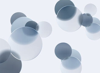 Transparent geometric circles and balls in liquid glass style. Abstract poster design.