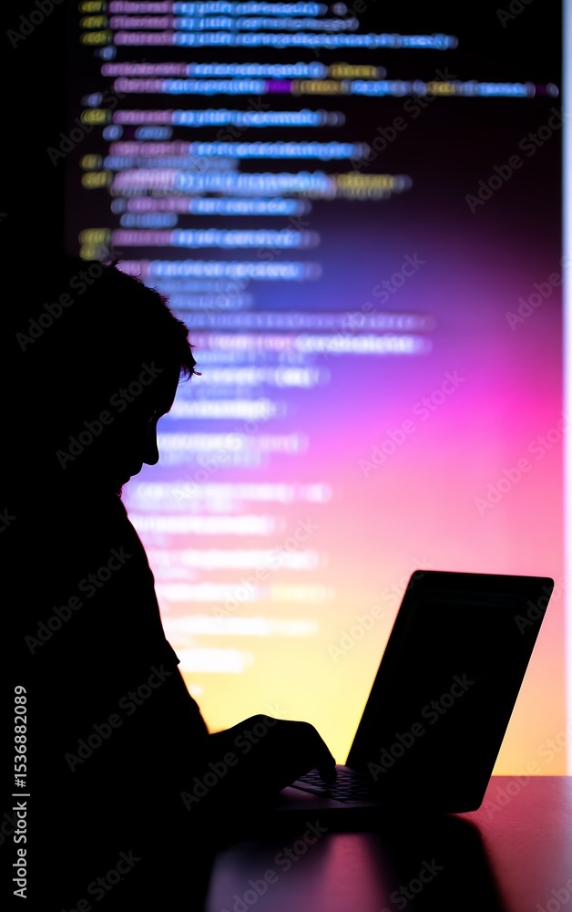 Poster silhouette of a programmer working late at night with colorful code background