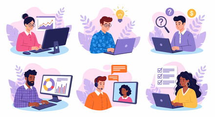 Diverse Team Working Remotely Digital Business Illustration