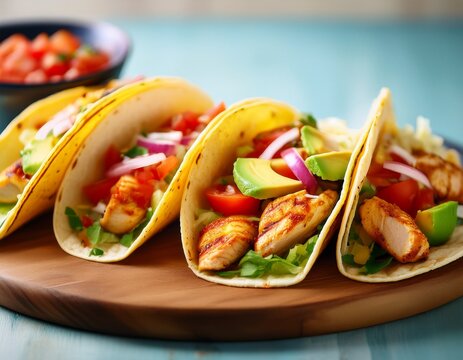 delicious chicken tacos with vibrant toppings close up view of several warm freshly made tacos filled with grilled chicken diced tomatoes avocado and a zesty salsa the tortillas are slightly