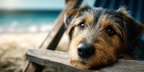 Dog relaxing on wooden chair by the beach on a sunny day