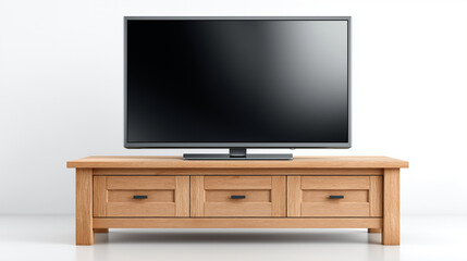 A television set on a wooden tv stand with drawers against a white wall in a bright setting