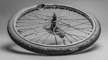 Broken bicycle wheel on plain gray background, minimalist damage, twisted metal, urban decay