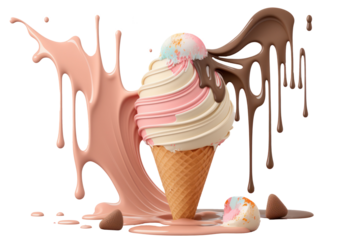 Melting ice cream cone on transparent background. PNG