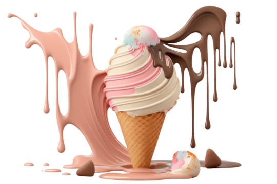 Melting ice cream cone on transparent background. PNG 