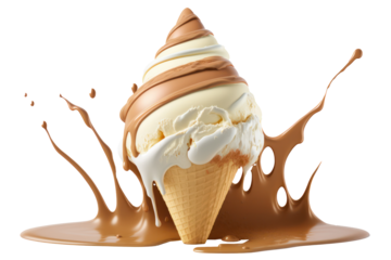 Melting ice cream cone on transparent background. PNG 