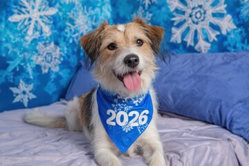 Cute dog wearing 2026 bandana, sitting on bed with snowflake background, festive pet portrait, adorable canine, fluffy fur, blue scarf, holiday scene.
