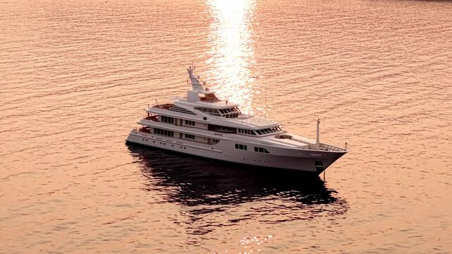 Vue a&eacute;rienne d'un yacht blanc au coucher de soleil film&eacute; en drone en contre-jour