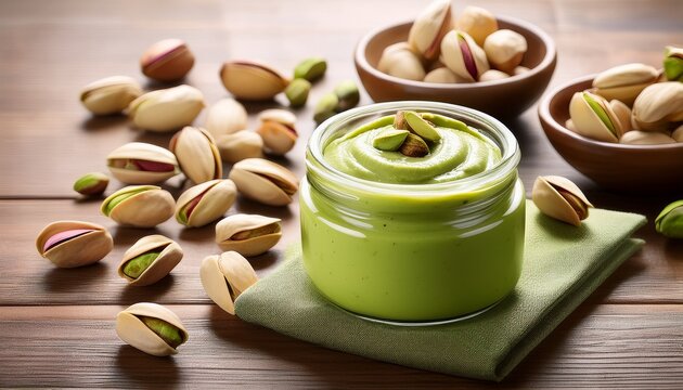 delicious pistachio cream in jar enjoy sweet and savory pistachio spread for breakfast or dessert on wooden table