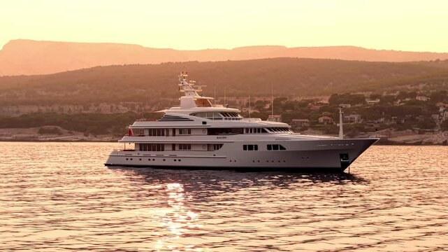 Yacht blanc au coucher de soleil film&eacute; en drone en contre-jour