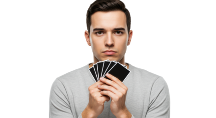 Isolated Man Holding Up a Handful of Black Cards