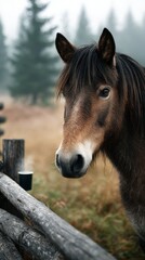 Naklejka premium Brown horse stands close to a rustic wooden fence in a foggy forest setting during early morning hours