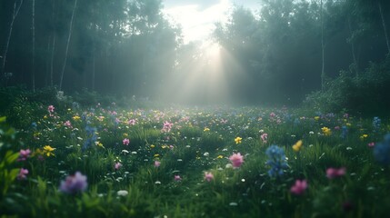 Foggy fen in Ireland with delicate wildflowers illuminated by soft sunlight in a serene natural landscape