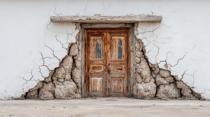 Broken wooden door with cracks on plain white background, minimalist decay, damaged entrance, high detail texture