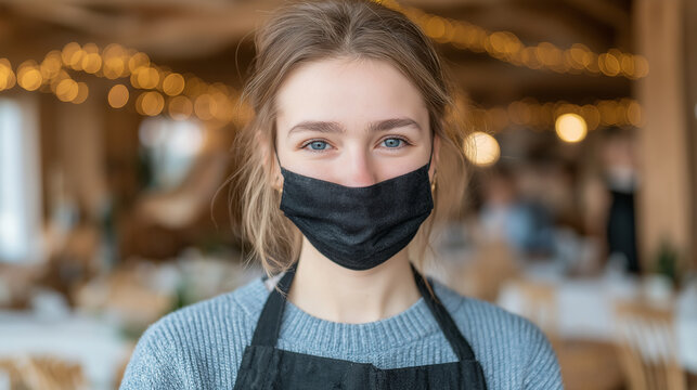 Portrait of a young woman wearing a black face mask and apron in a restaurant setting indoors lights