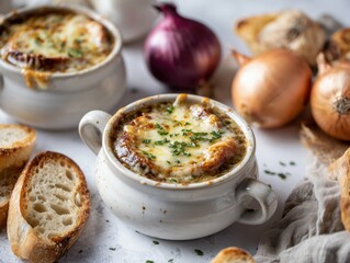 A close up of two bowls of french onion soup with cheese and bread on a white surface and onions around