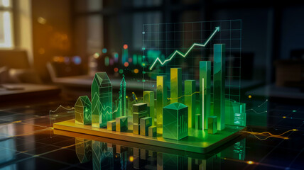 A futuristic digital cityscape showcases glowing green wireframe buildings and financial graphs, reflecting upward trends on a sleek mirrored surface