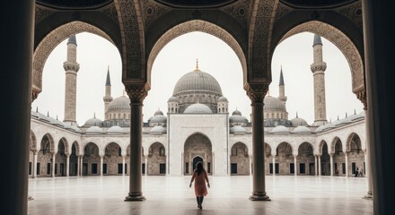 Obraz premium Female walking in ornate islamic mosque courtyard with arches and domes