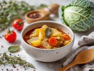 A bowl of cabbage soup with tomatoes carrots and potatoes on a table with herbs and a wooden spoon