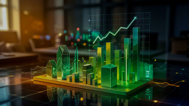 A futuristic digital cityscape showcases glowing green wireframe buildings and financial graphs, reflecting upward trends on a sleek mirrored surface