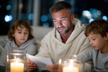 A heartwarming family scene featuring a father reading to his children by candlelight, creating a cozy and intimate atmosphere filled with warmth and connection.