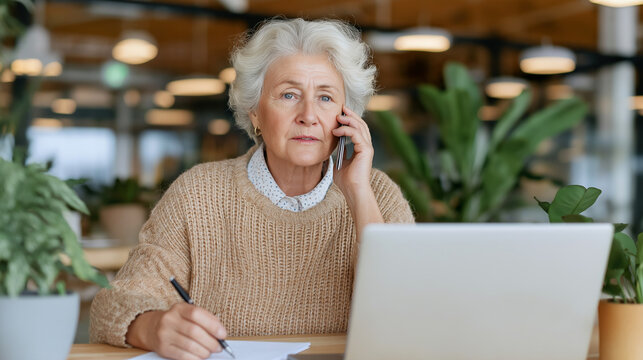 Older woman with white hair on phone taking notes with laptop and plants in background at a table indoors - Powered by Adobe