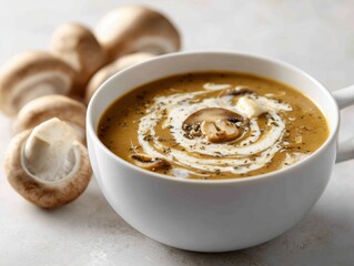 A bowl of mushroom soup with cream swirl and whole mushrooms on a white surface close up view shot