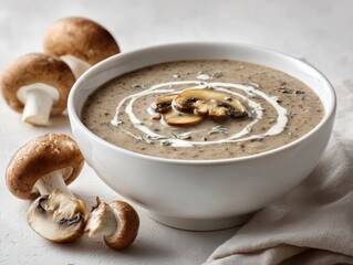 A bowl of creamy mushroom soup garnished with sliced mushrooms and cream swirls on a white background table