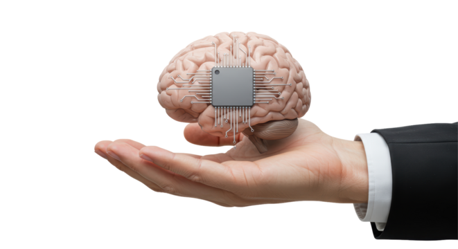 Isolated Brain with Microchip in Hand Representing Artificial Intelligence