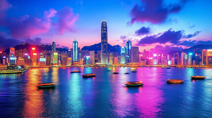 Fototapeta premium Urban Harbour Night Skyline with Skyscrapers and Neon Reflections