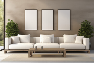 Blank Canvas Frames Above White Sofa.3D render