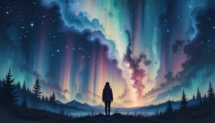 A lone figure gazes at the celestial aurora borealis display