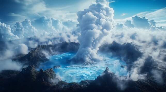 Bubbling mud pools and steam rising in a vibrant geothermal field during a sunny day