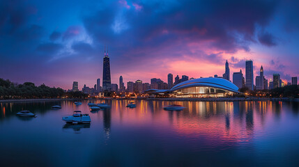 Urban Harbour Night Skyline with Skyscrapers and Neon Reflections