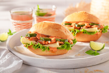 Homemade and delicious sandwich with gyros chicken, cucumber and lettuce.