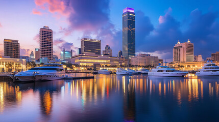 Fototapeta premium Urban Harbour Night Skyline with Skyscrapers and Neon Reflections