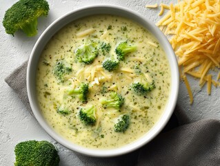 A bowl of creamy broccoli cheddar soup with shredded cheese on a gray surface and cloth napkin