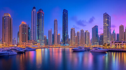 Fototapeta premium Urban Harbour Night Skyline with Skyscrapers and Neon Reflections