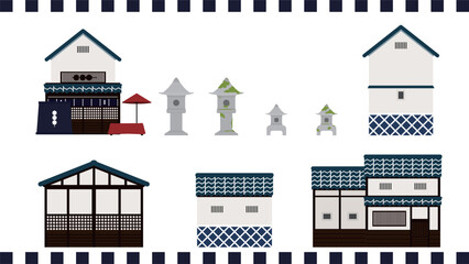 日本の町屋と古民家のイラスト素材セット　Clip art set of Japanese traditional townhouse and old house
