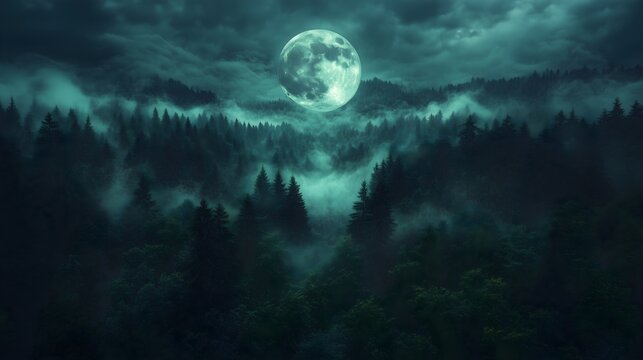 Full moon casts its glow over a misty forest landscape at night creating an enchanting atmosphere
