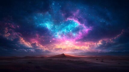 Fototapeta premium Glowing red sand dune illuminates the Australian Outback against a vibrant cosmic sky at dusk