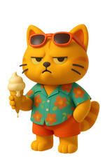 3D cartoon of a grumpy orange cat in a floral shirt with sunglasses and melting ice cream cone.
