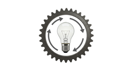 Isolated Light Bulb Inside Gear with Arrows Rotating Representing Continuous Improvement